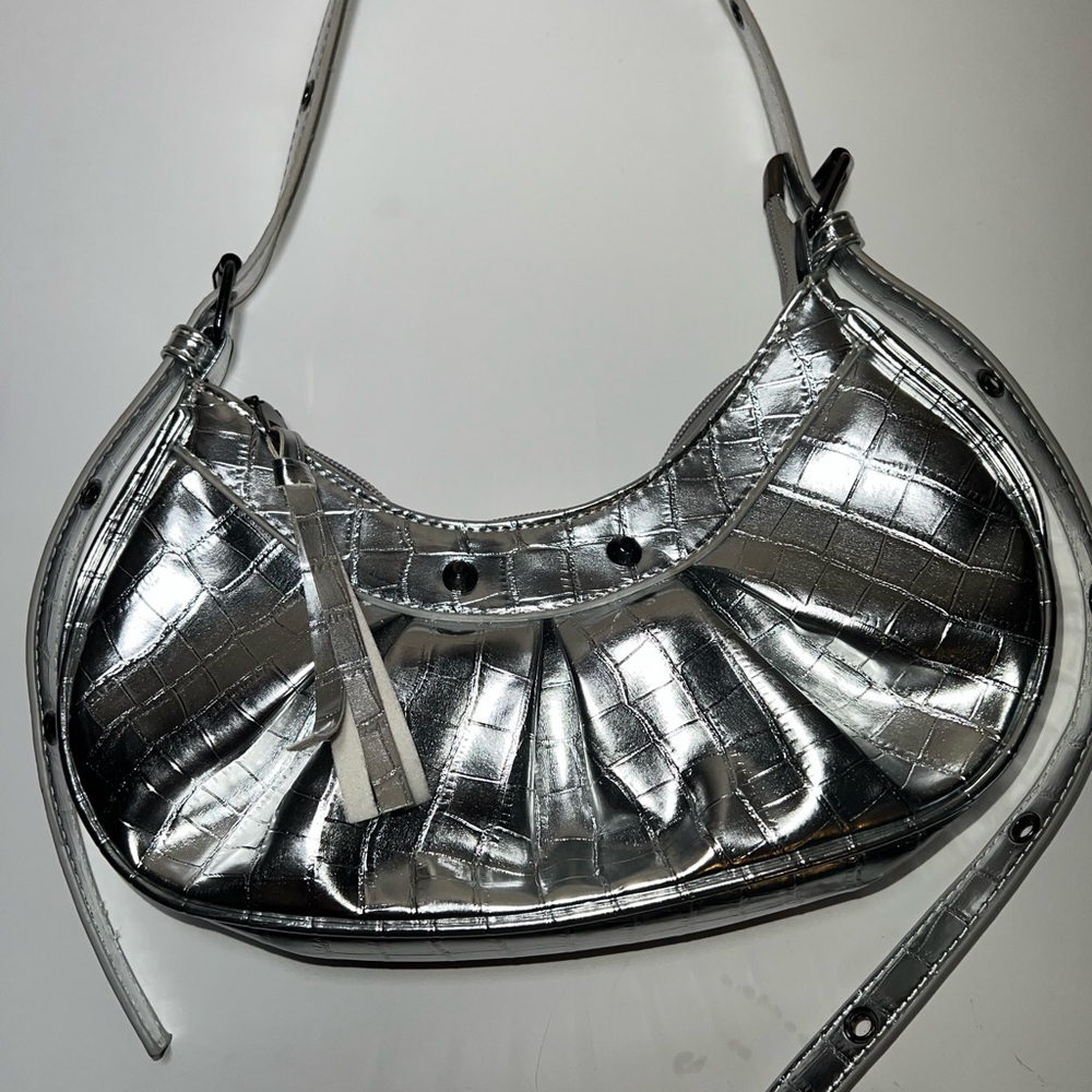 Silver Crocodile-Embossed Shoulder Bag